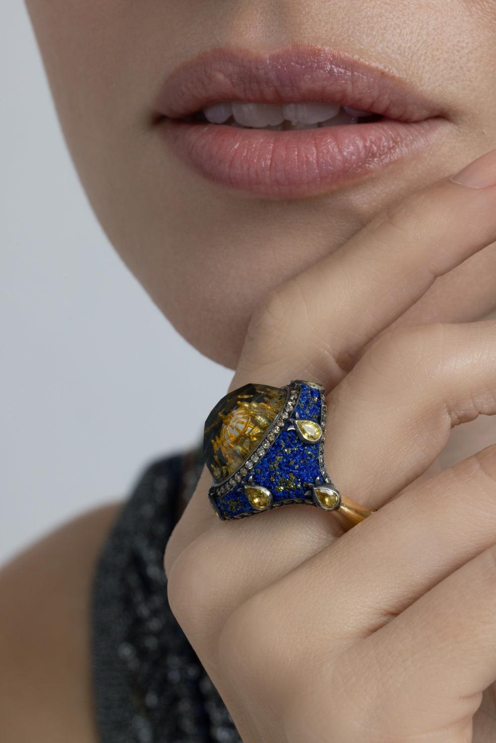  Yellow Sapphire Brown Diamond Ottoman Architecture Ring-YELLOW GOLD-JEWELRYFINE JEWELRING-SEVAN BICAKCI 