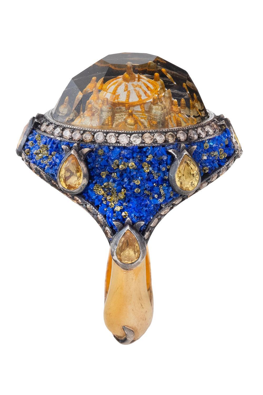  Yellow Sapphire Brown Diamond Ottoman Architecture Ring-YELLOW GOLD-JEWELRYFINE JEWELRING-SEVAN BICAKCI 