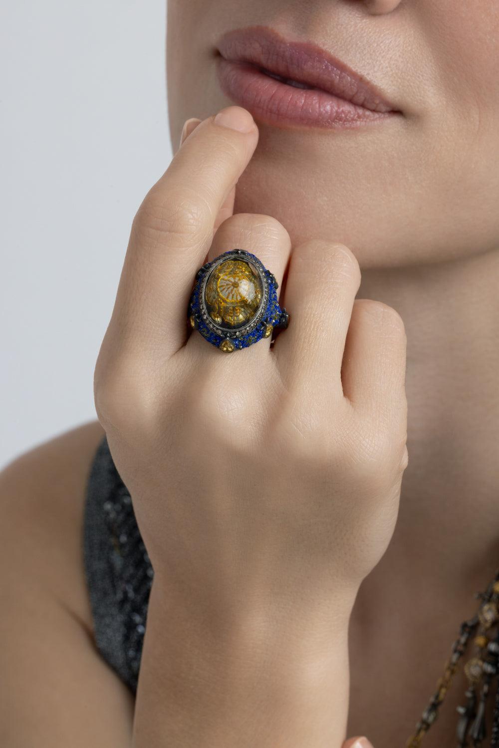  Yellow Sapphire Brown Diamond Ottoman Architecture Ring-YELLOW GOLD-JEWELRYFINE JEWELRING-SEVAN BICAKCI 
