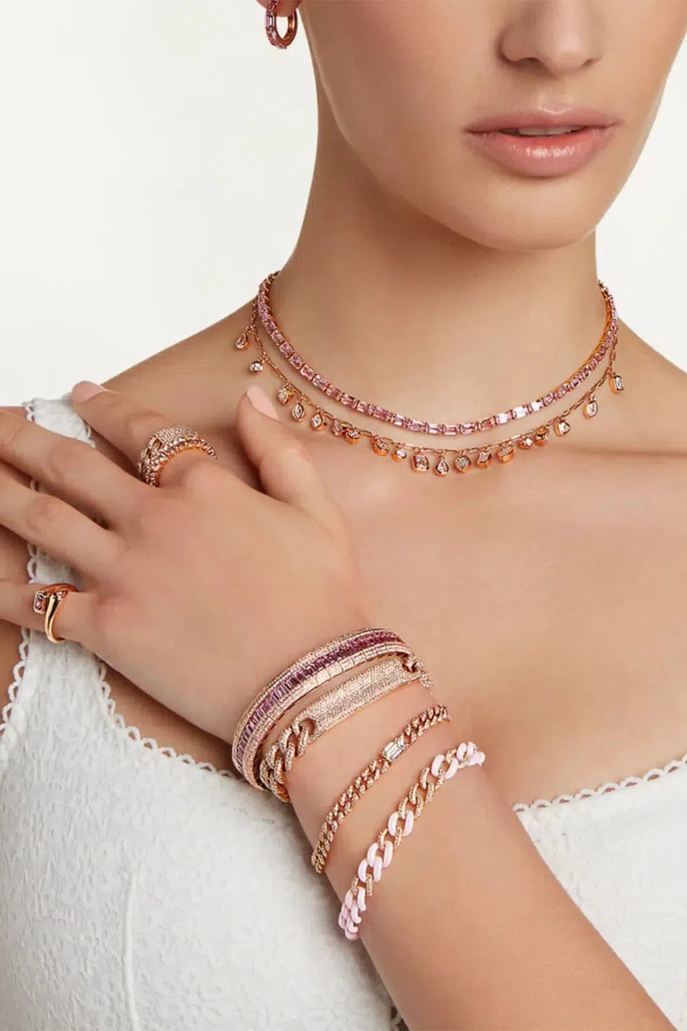 SHAY JEWELRY-PAVE DIAMOND SCALES PINK SAPPHIRE STRETCH BRACELET-ROSE GOLD