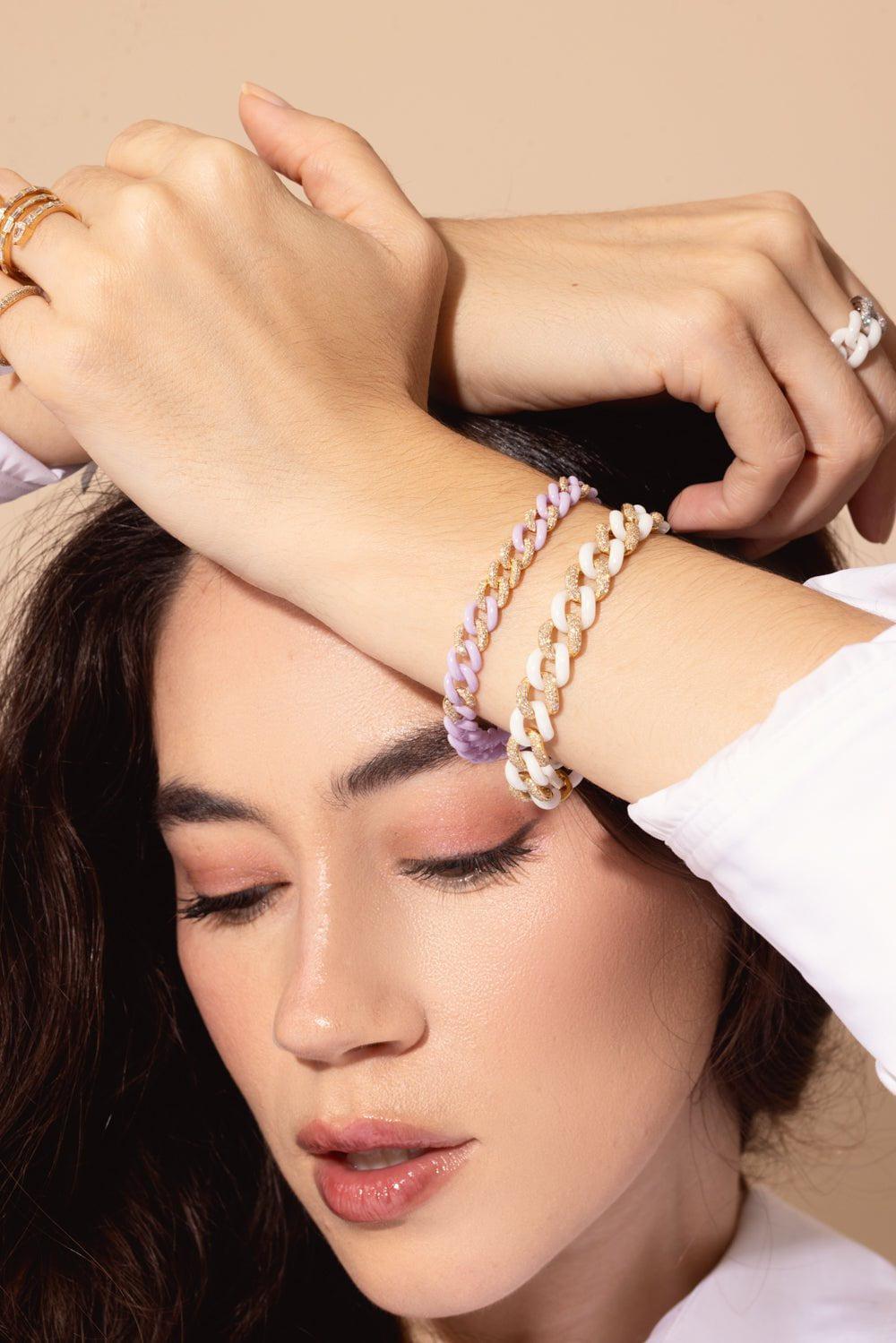 SHAY JEWELRY-DIAMOND 7 PAVE LAVENDER CERAMIC MEDIUM LINK BRACELET-YELLOW GOLD