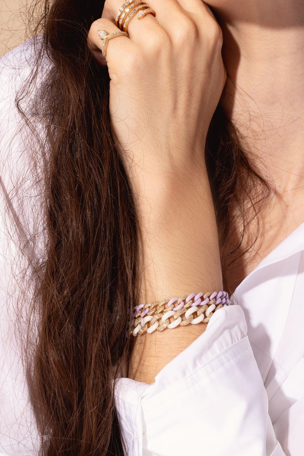 SHAY JEWELRY-DIAMOND 7 PAVE LAVENDER CERAMIC MEDIUM LINK BRACELET-YELLOW GOLD