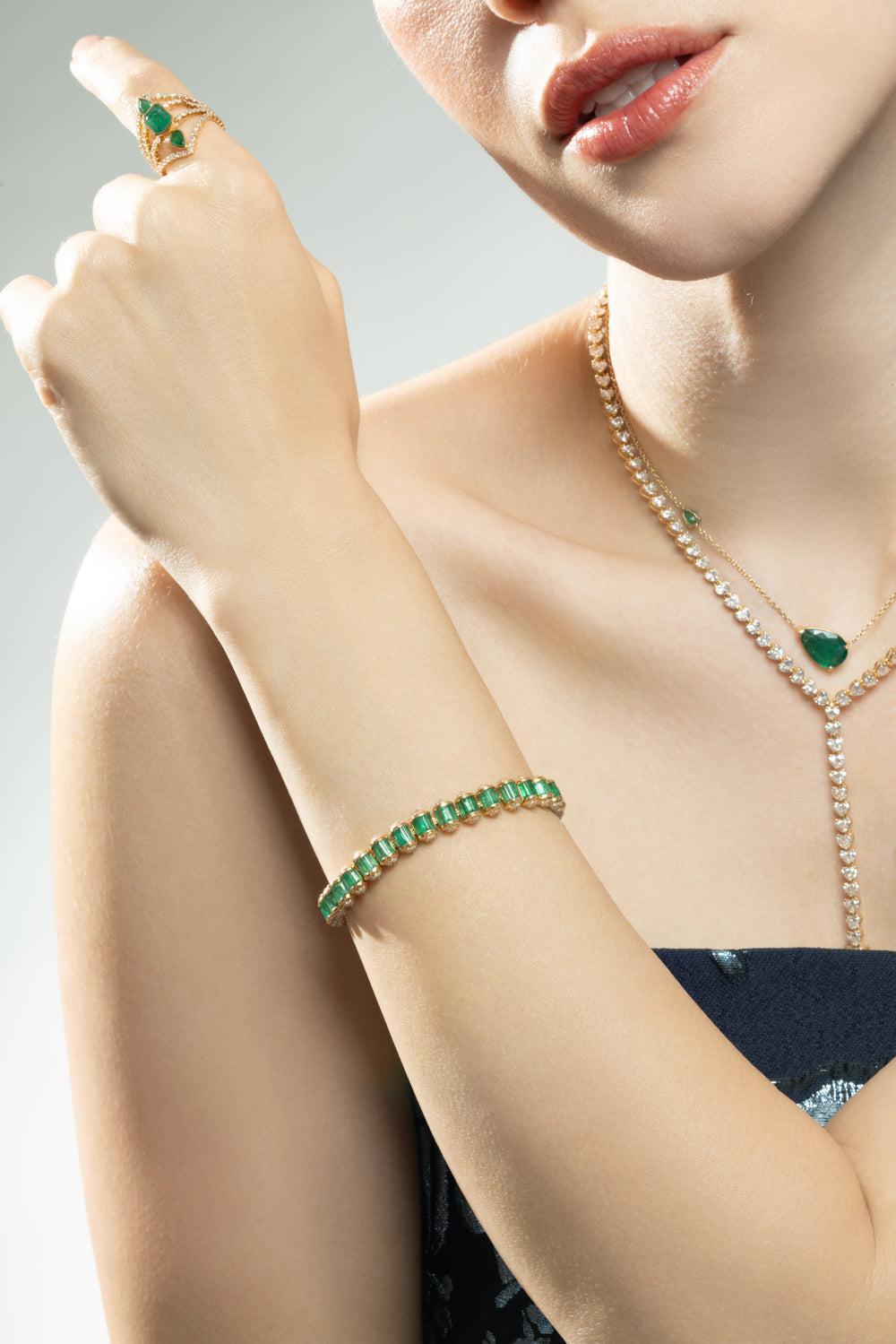 Diamond Emerald Medium Ripple Bracelet-YELLOW GOLD-6.5-JEWELRYFINE JEWELBRACELET O-SHAY JEWELRY