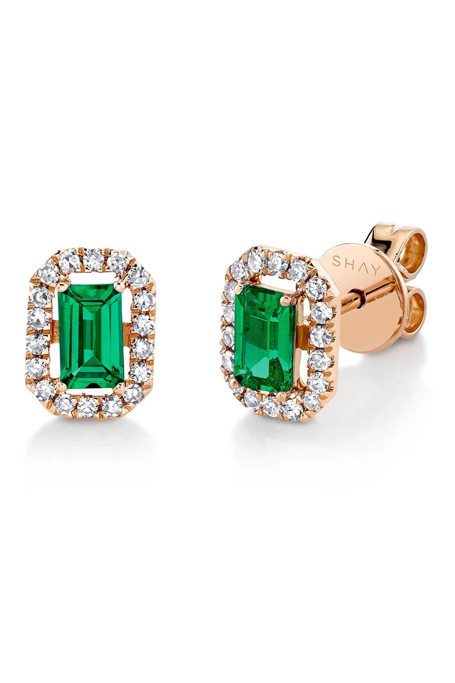 SHAY JEWELRY-Diamond Halo Emerald Studs-ROSE GOLD
