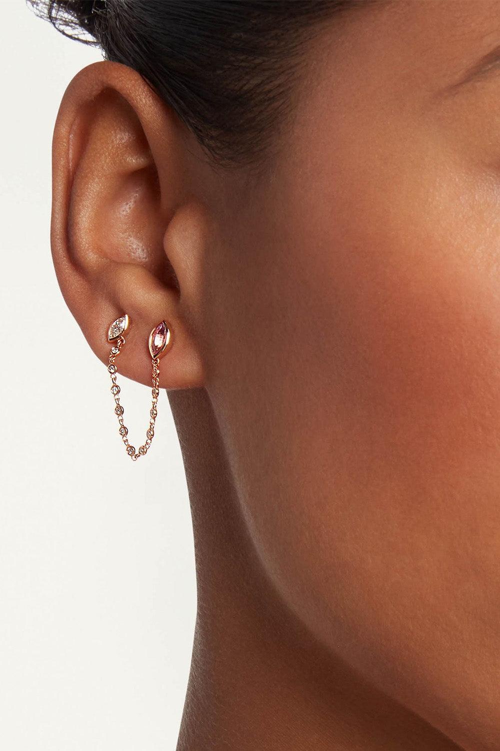 Pink Sapphire Diamond Duo Chain Stud Earring-ROSE GOLD-JEWELRYFINE JEWELEARRING-SHAY JEWELRY