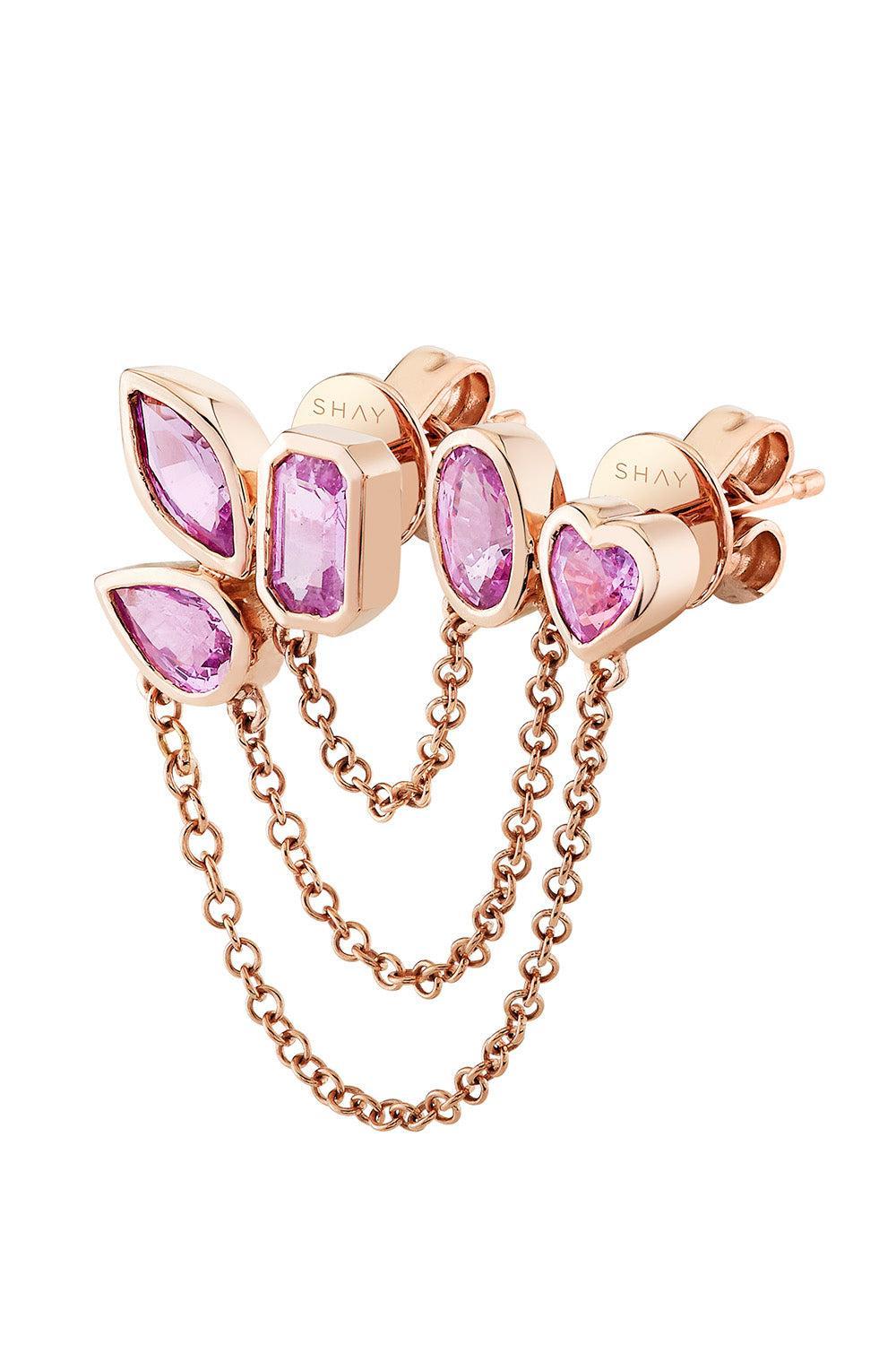 Pink Sapphire Duo Chain Link Stud Earring-ROSE GOLD-JEWELRYFINE JEWELEARRING-SHAY JEWELRY