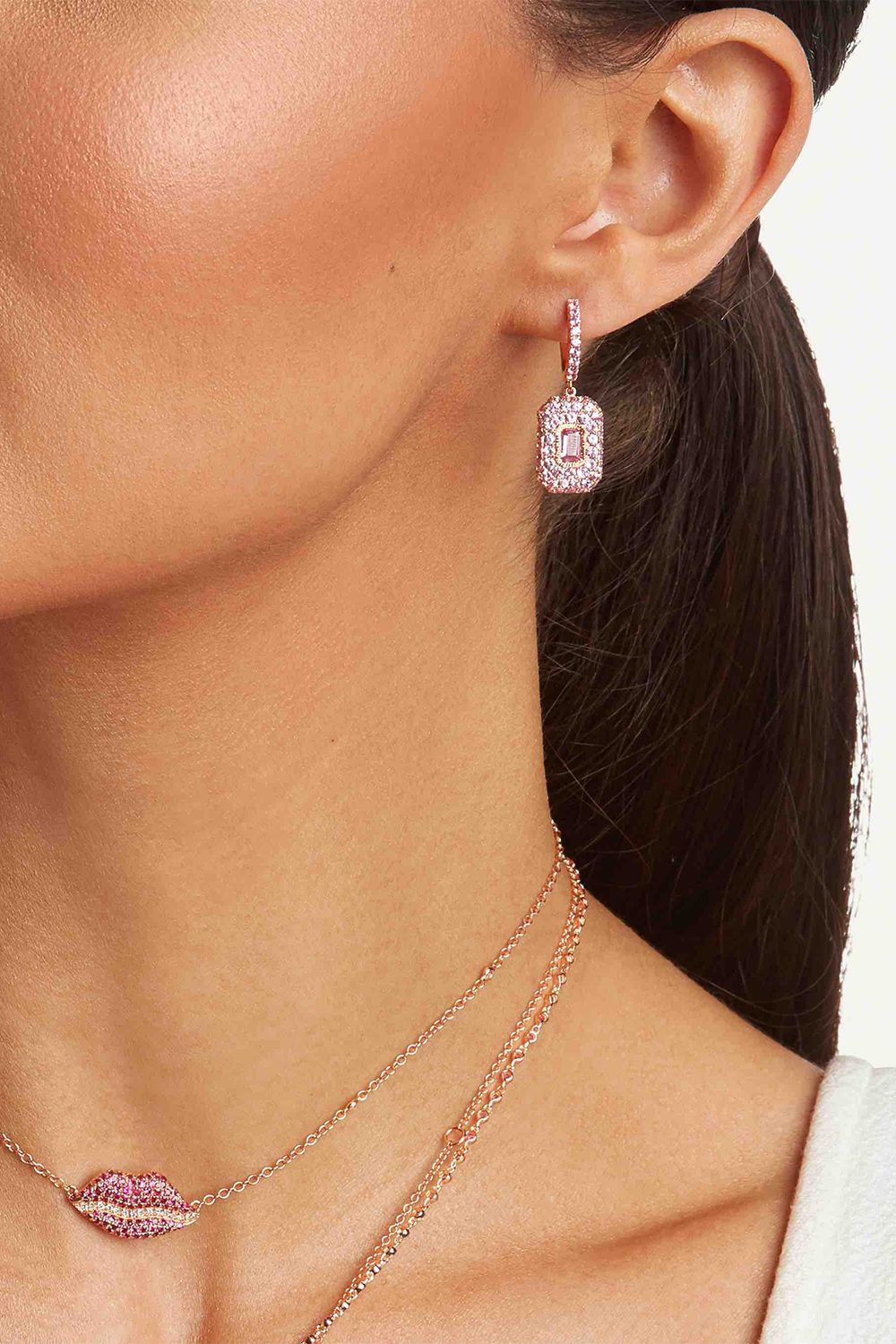 Pink Sapphire Pave Baguette Drop Earrings-ROSE GOLD-JEWELRYFINE JEWELEARRING-SHAY JEWELRY
