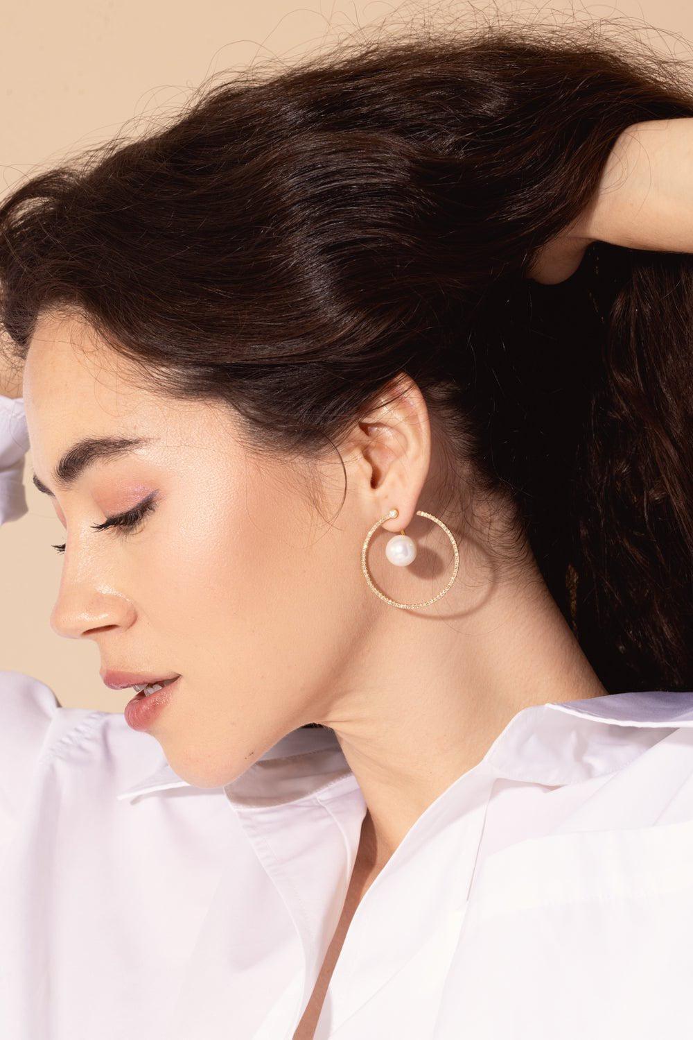 SHAY JEWELRY-PEARL DIAMOND LARGE HOOP EAR JACKET EARRINGS-YELLOW GOLD