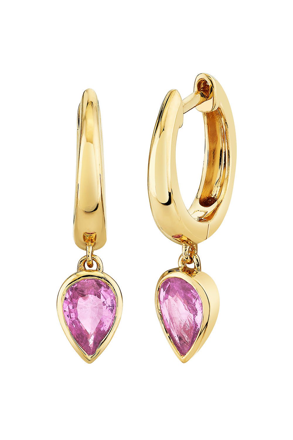 SHAY JEWELRY-PINK SAPPHIRE PEAR DROP HUGGIE EARRINGS-YELLOW GOLD