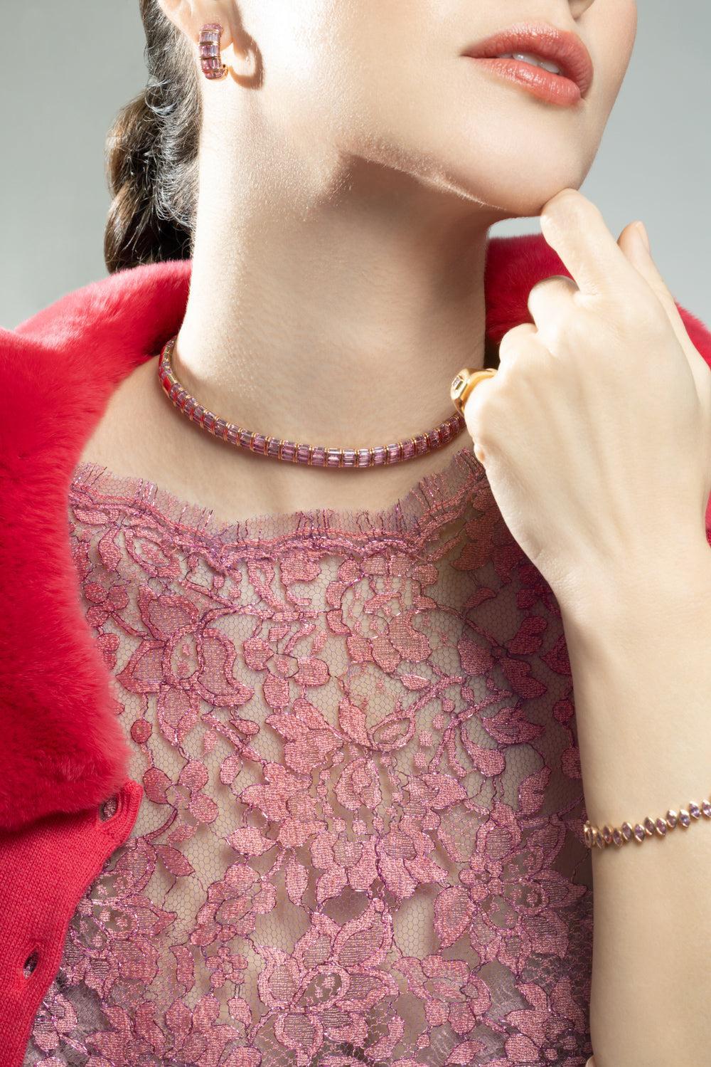 Pink Sapphire Baguette Choker Necklace-ROSE GOLD-13.5-JEWELRYFINE JEWELNECKLACE O-SHAY JEWELRY