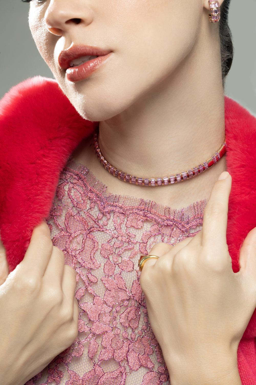 Pink Sapphire Baguette Choker Necklace-ROSE GOLD-13.5-JEWELRYFINE JEWELNECKLACE O-SHAY JEWELRY