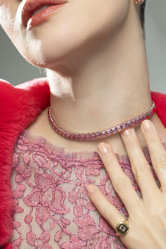 Pink Sapphire Baguette Choker Necklace-ROSE GOLD-13.5-JEWELRYFINE JEWELNECKLACE O-SHAY JEWELRY