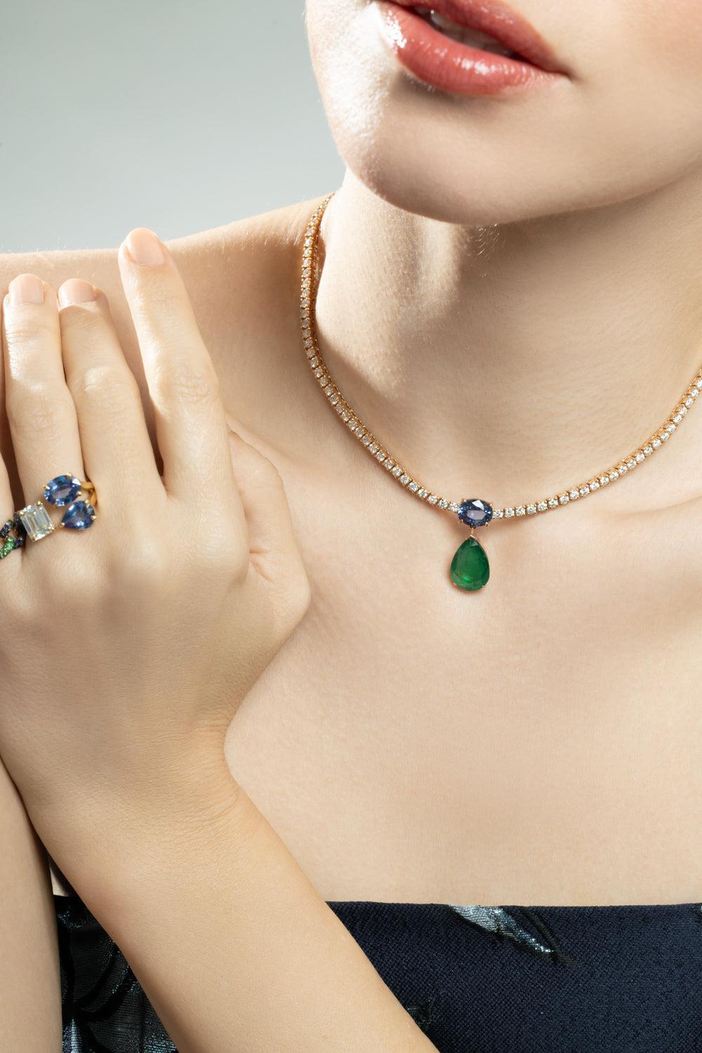 Emerald Blue Sapphire Diamond Drop Tennis Necklace-ROSE GOLD-JEWELRYFINE JEWELNECKLACE O-SHAY JEWELRY