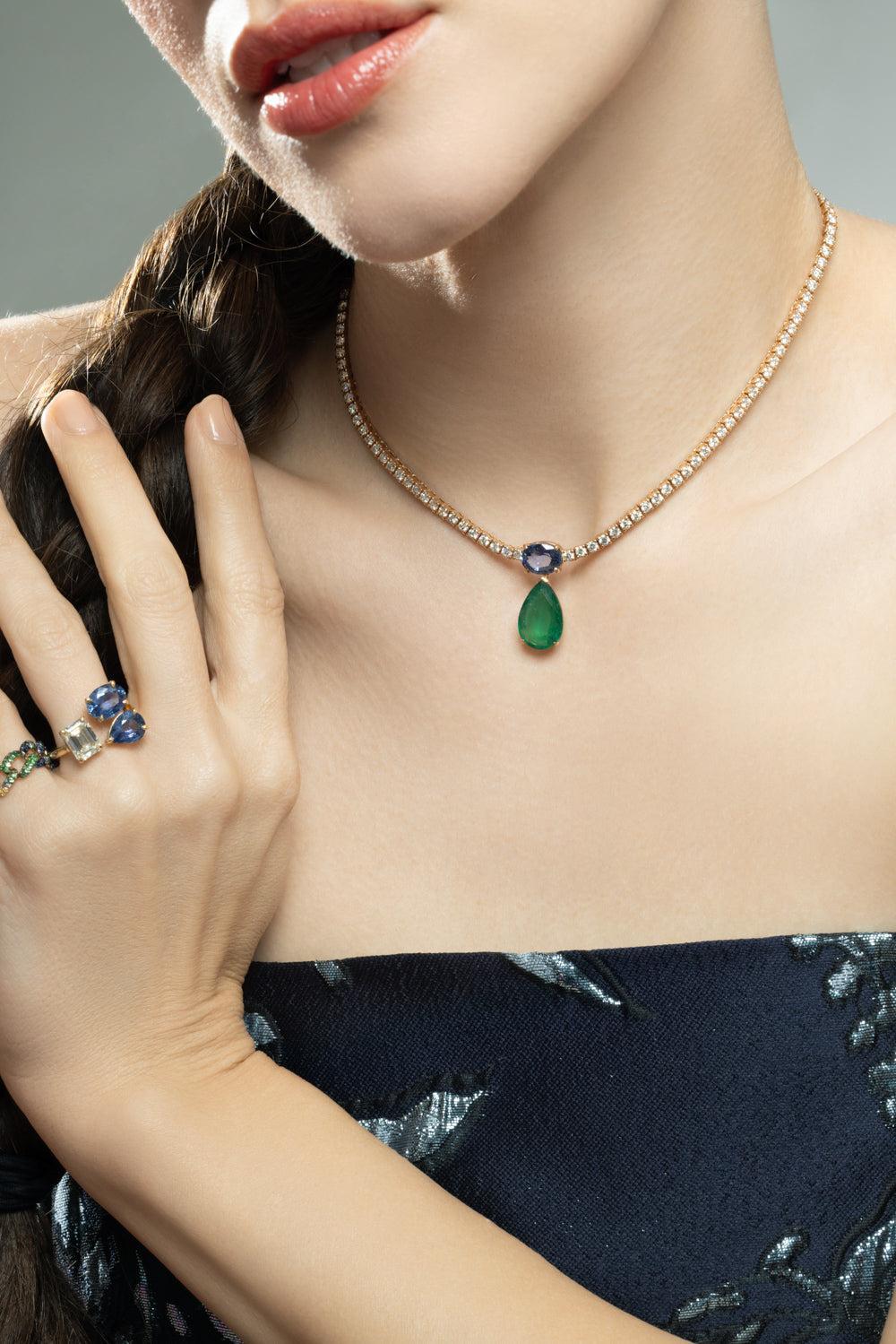 Emerald Blue Sapphire Diamond Drop Tennis Necklace-ROSE GOLD-JEWELRYFINE JEWELNECKLACE O-SHAY JEWELRY