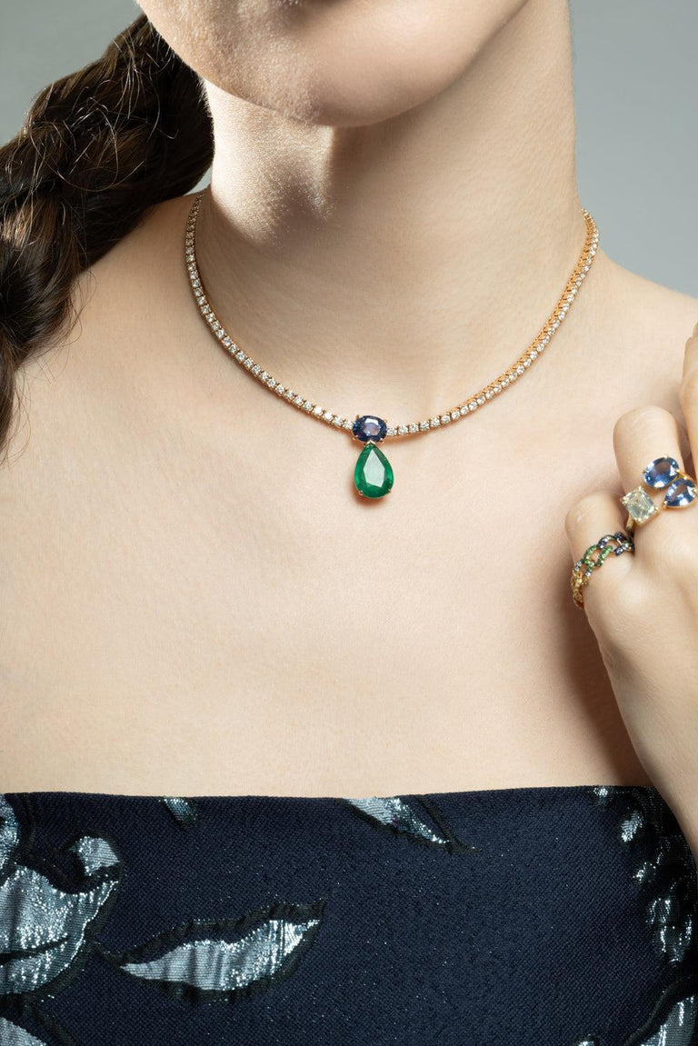 Emerald Blue Sapphire Diamond Drop Tennis Necklace