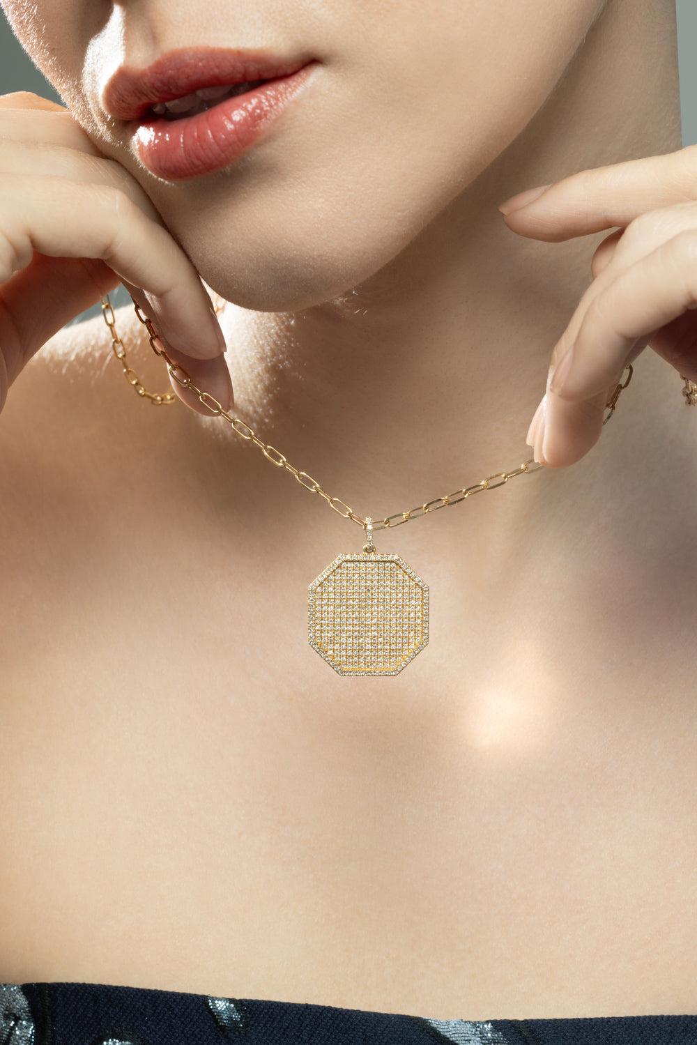 Diamond Pave Octagon Disc Necklace-YELLOW GOLD-24-JEWELRYFINE JEWELNECKLACE O-SHAY JEWELRY