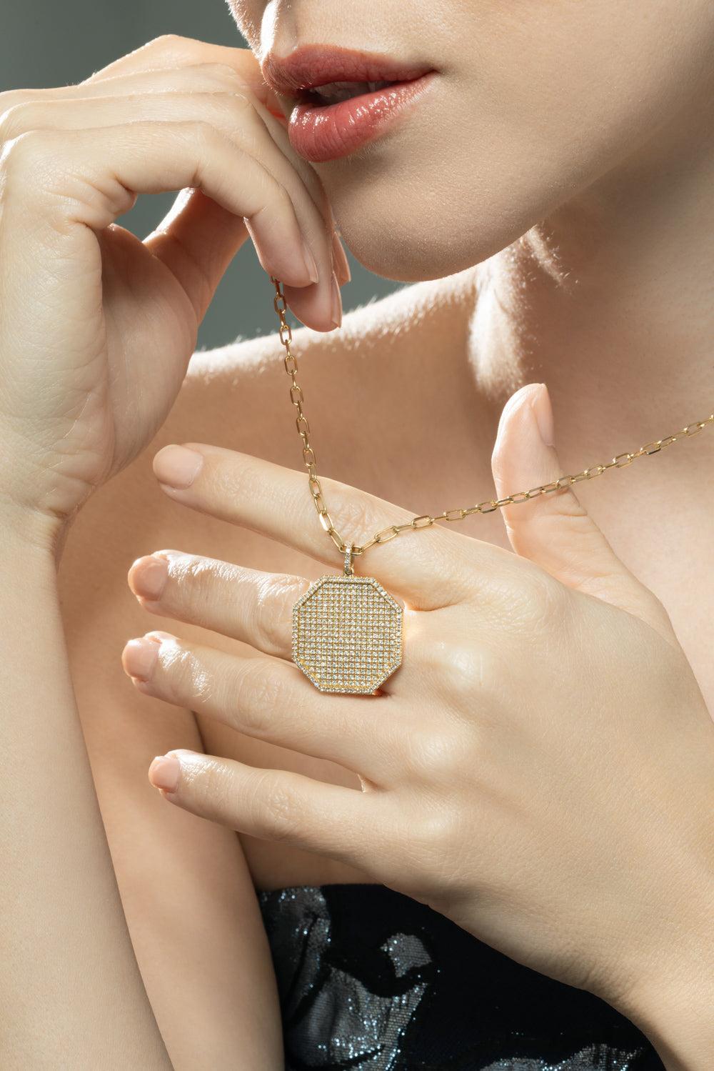 Diamond Pave Octagon Disc Necklace-YELLOW GOLD-24-JEWELRYFINE JEWELNECKLACE O-SHAY JEWELRY