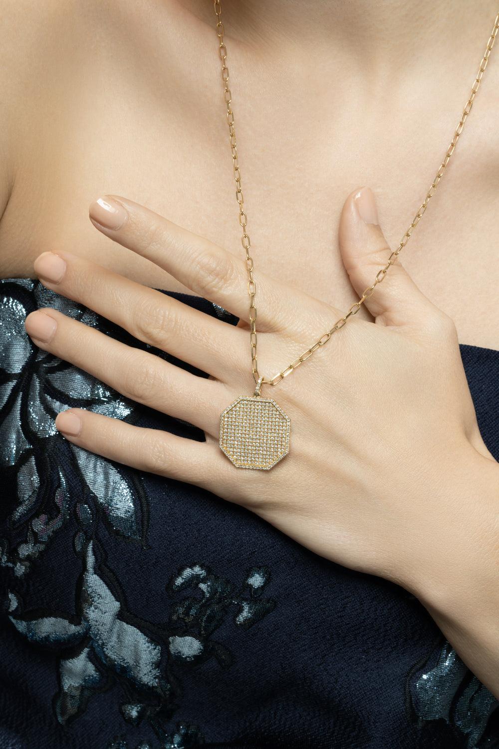 Diamond Pave Octagon Disc Necklace-YELLOW GOLD-24-JEWELRYFINE JEWELNECKLACE O-SHAY JEWELRY