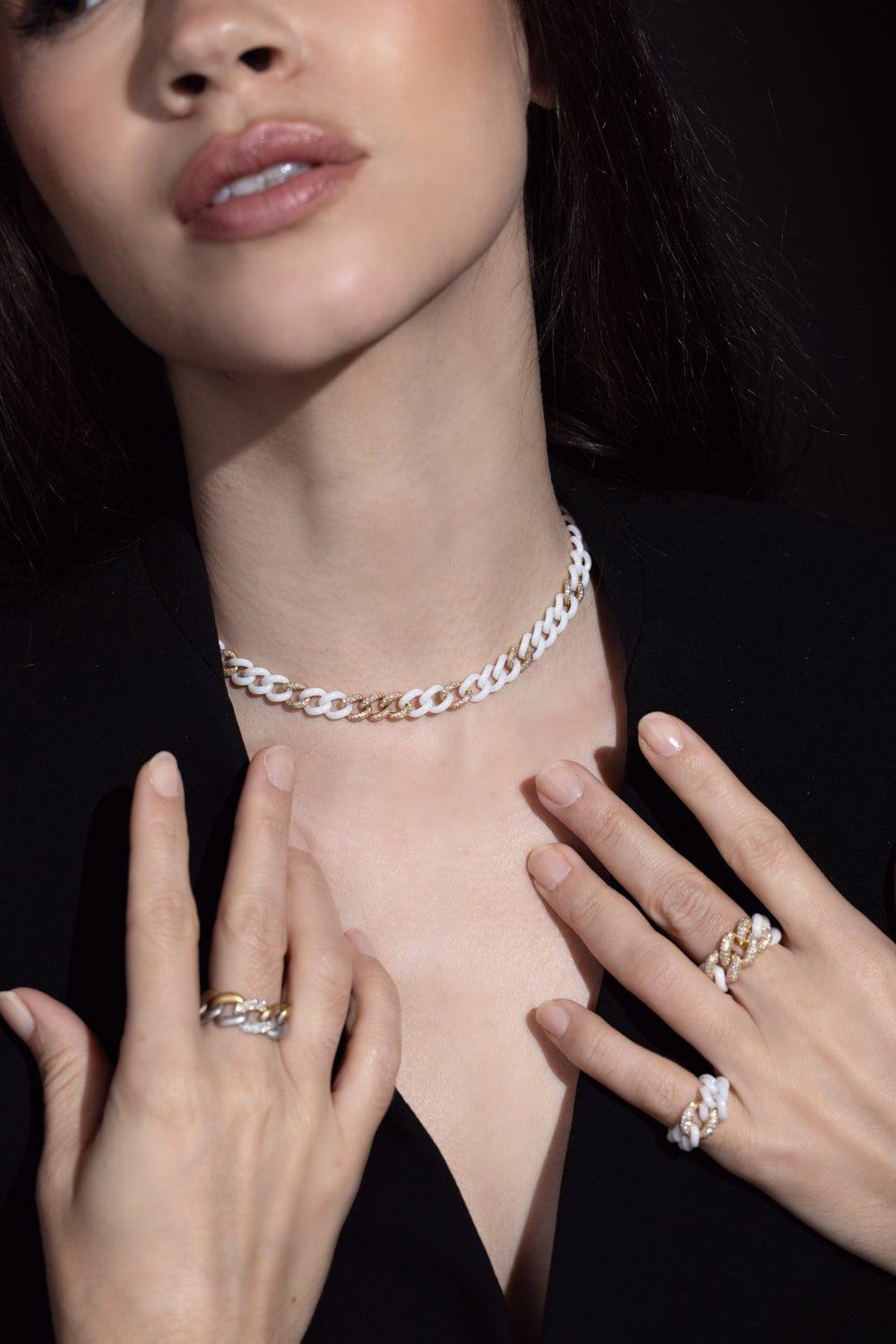 SHAY JEWELRY-Pave White Ceramic Medium Link Necklace-YELLOW GOLD