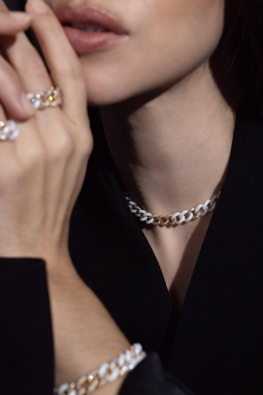 SHAY JEWELRY-Pave White Ceramic Medium Link Necklace-YELLOW GOLD