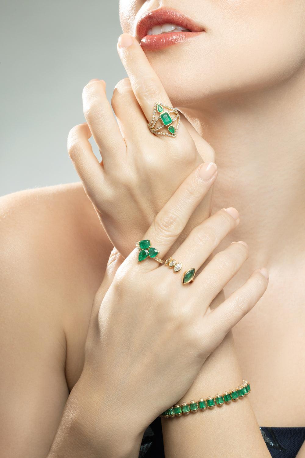 Diamond Emerald Cluster Band Ring-YELLOW GOLD-6-JEWELRYFINE JEWELRING-SHAY JEWELRY