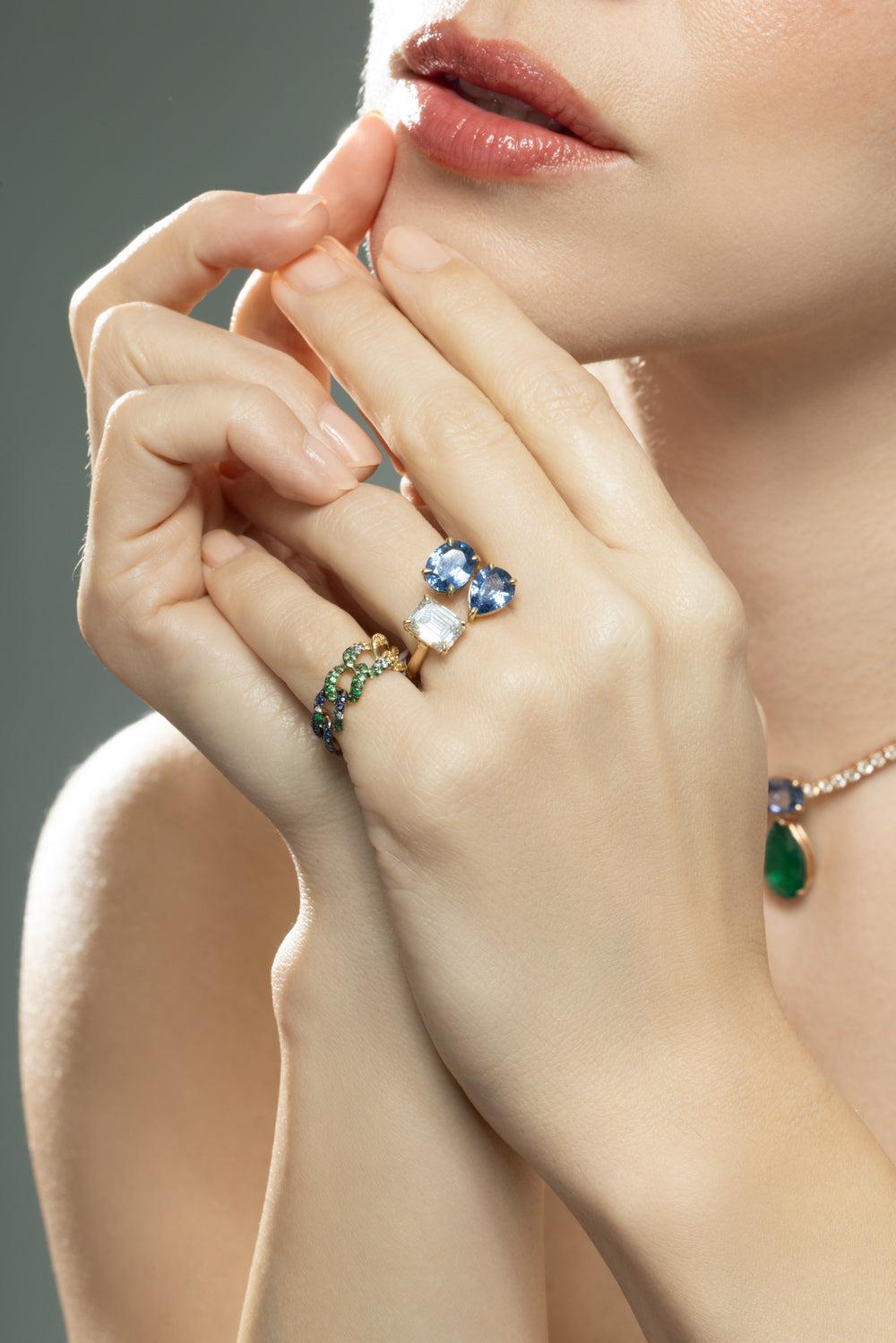 Blue Sapphire Diamond Triple Threat Ring-YELLOW GOLD-6.5-JEWELRYFINE JEWELRING-SHAY JEWELRY