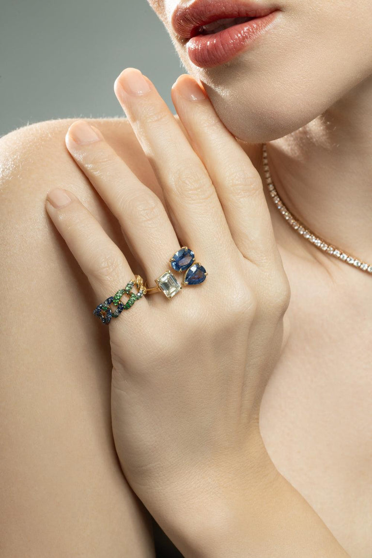 Blue Sapphire Diamond Triple Threat Ring