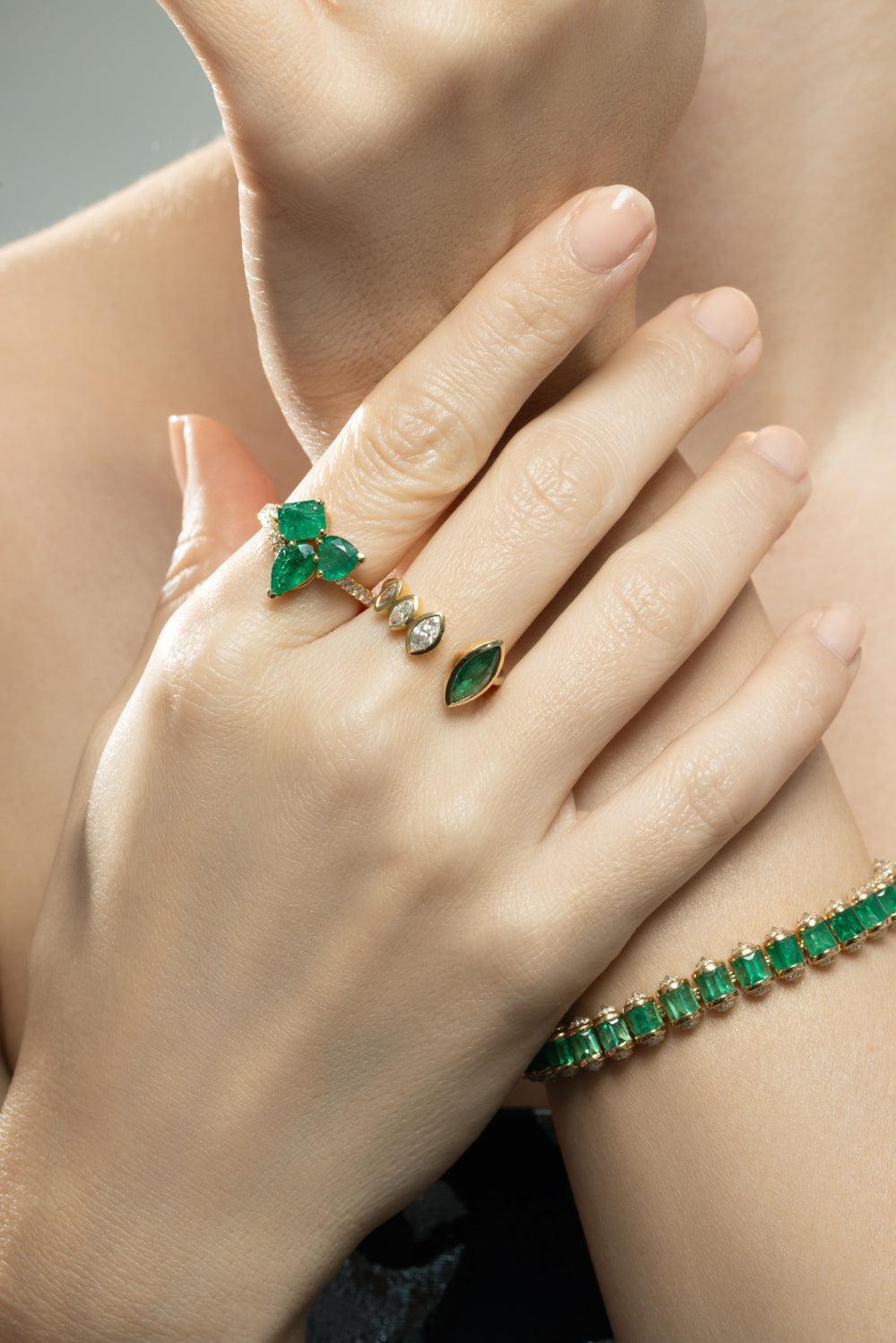 Emerald Diamond Marquise Open Ring-YELLOW GOLD-7-JEWELRYFINE JEWELRING-SHAY JEWELRY