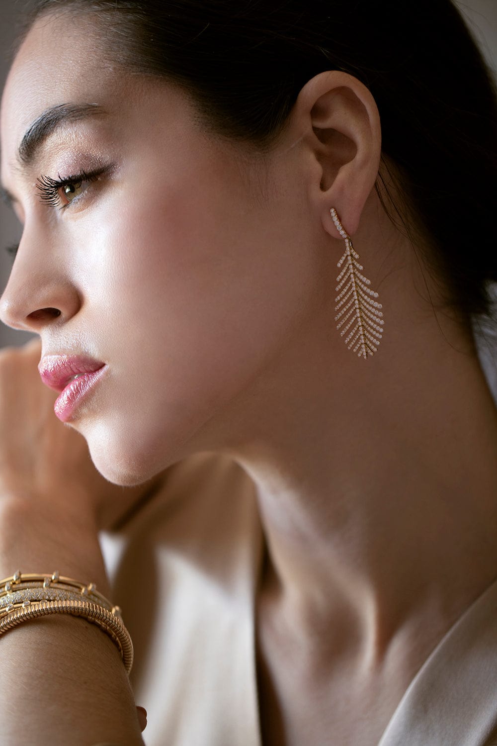 SIDNEY GARBER-Yellow Gold Pave Plume Earrings-YELLOW GOLD