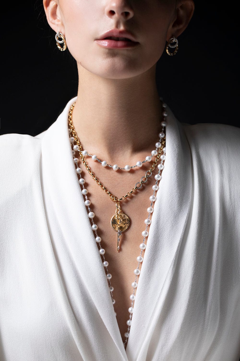 SIDNEY GARBER-Pearl and Diamond Triple Necklace-WHITE GOLD