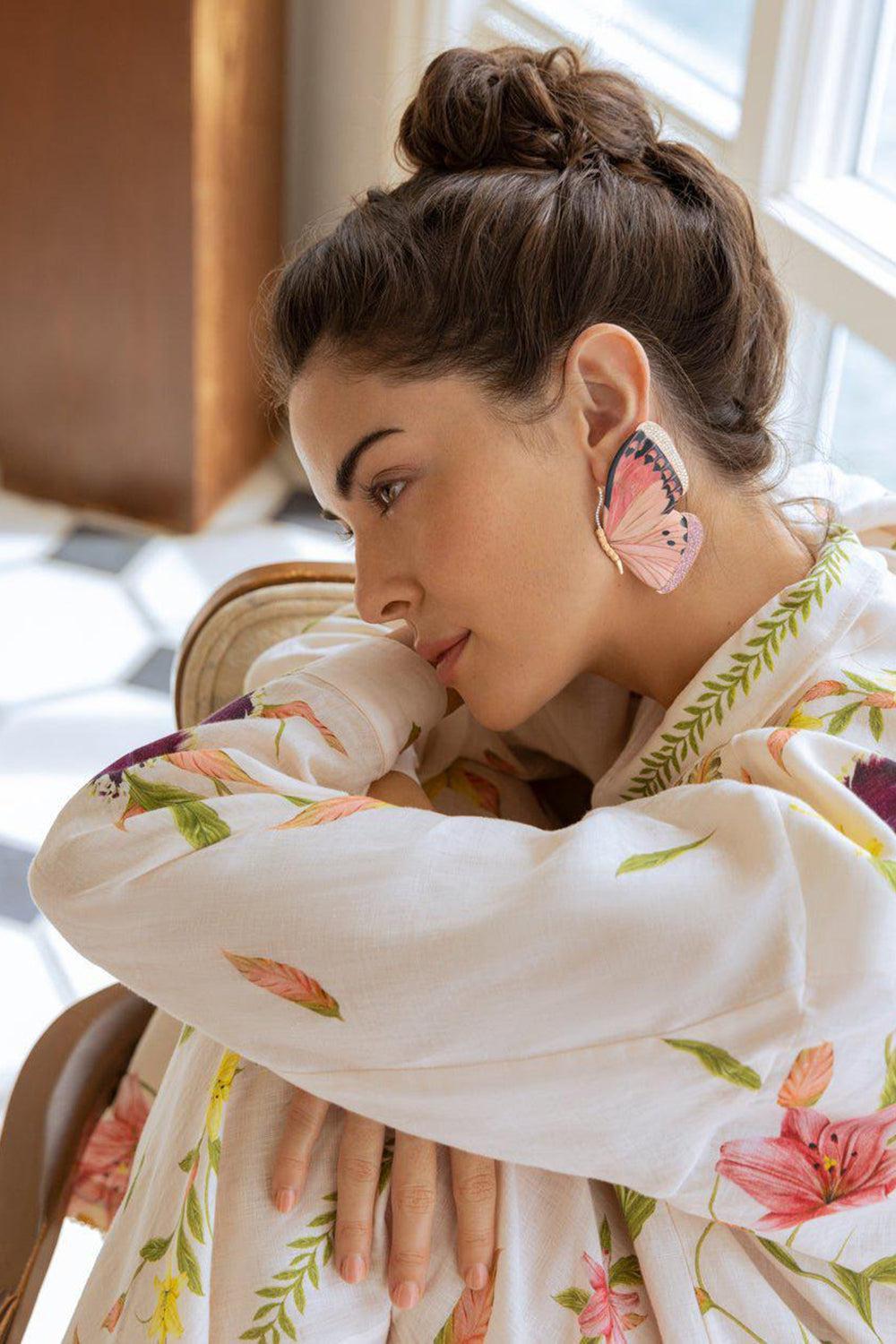 Marquetry Pink Black Butterfly Earrings-YELLOW GOLD-JEWELRYFINE JEWELEARRING-SILVIA FURMANOVICH