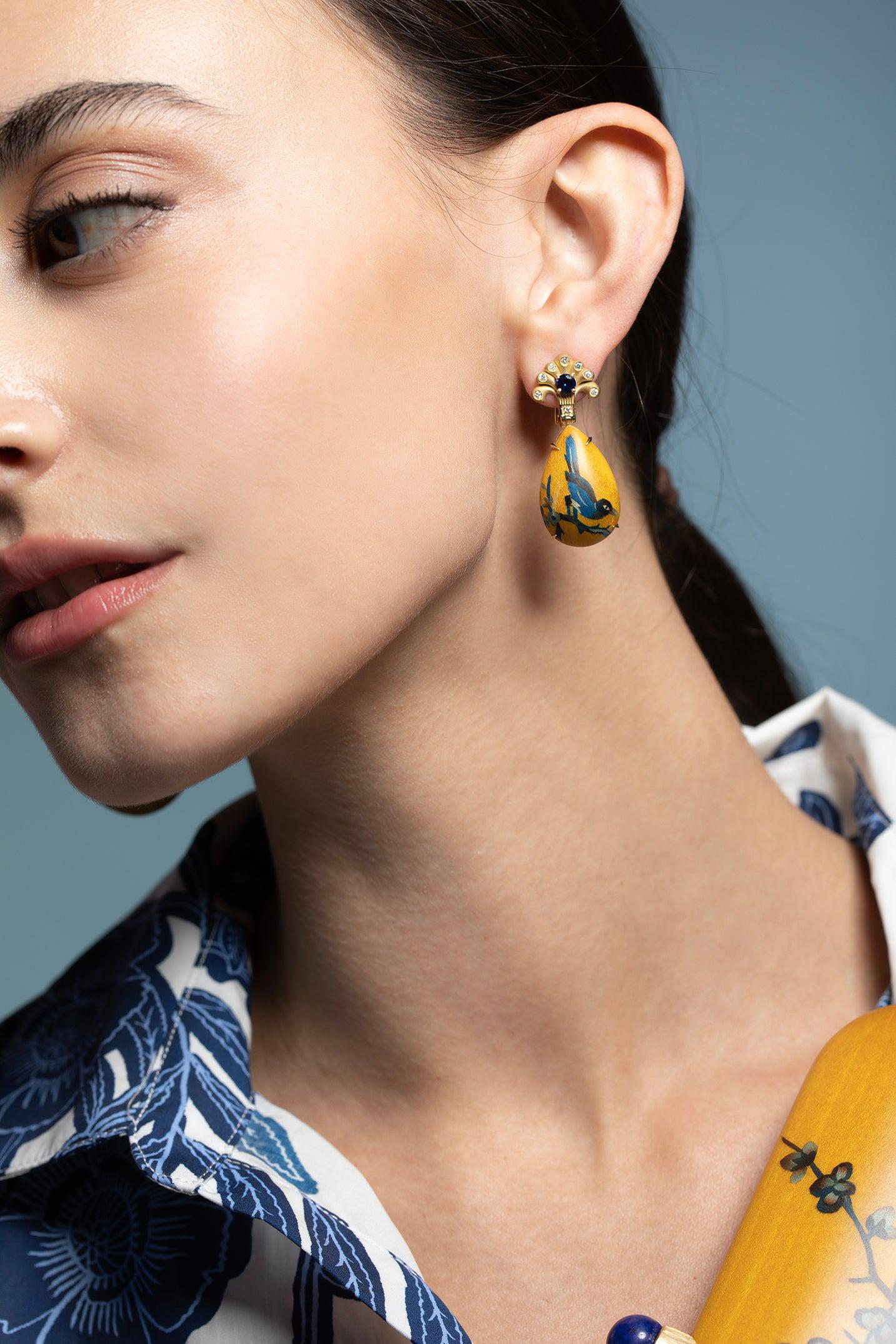 SILVIA FURMANOVICH-Blue Bird Marquetry Earrings-YELLOW GOLD