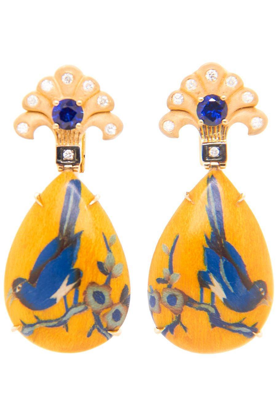 SILVIA FURMANOVICH-Blue Bird Marquetry Earrings-YELLOW GOLD