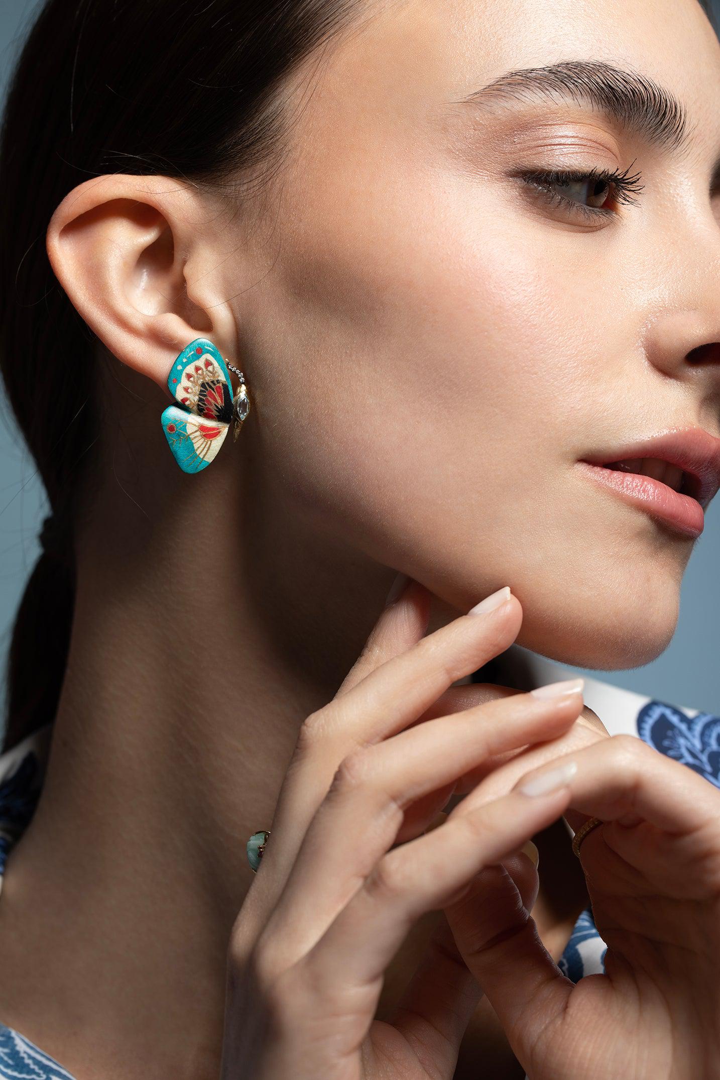 SILVIA FURMANOVICH-Blue Topaz Butterfly Marquetry Earrings-YELLOW GOLD
