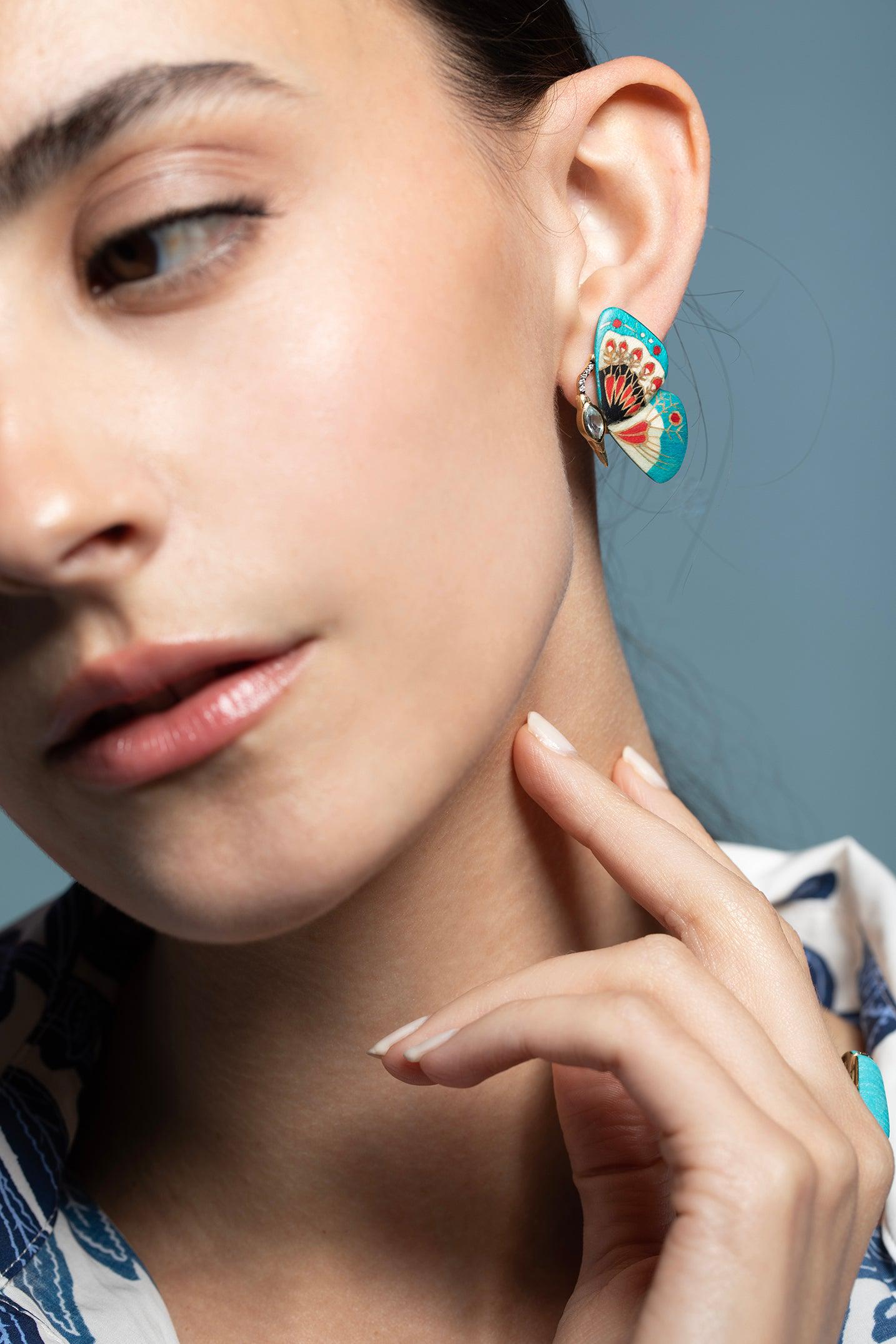 SILVIA FURMANOVICH-Blue Topaz Butterfly Marquetry Earrings-YELLOW GOLD