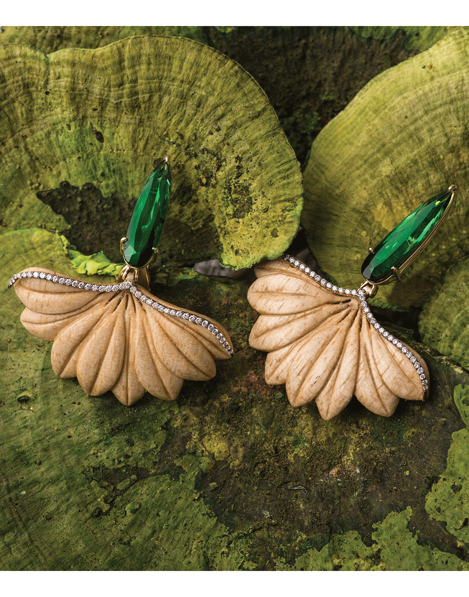 SILVIA FURMANOVICH-Carved Leaf with Green Tourmaline Earrings-YELLOW GOLD