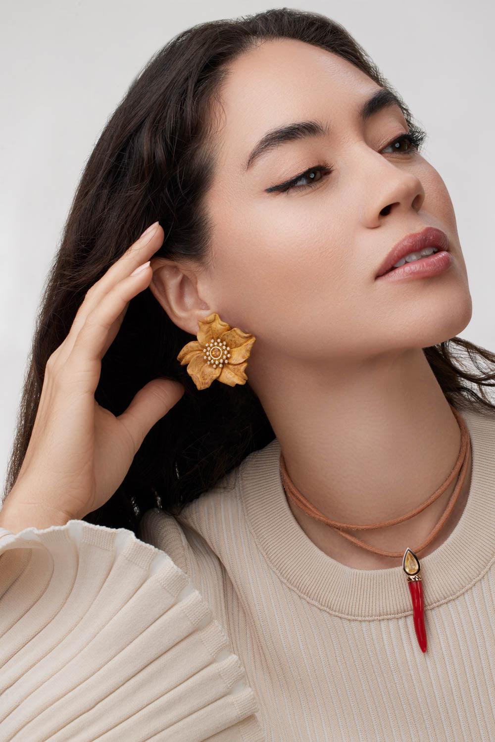 Diamond Citrine Carved Flower Earrings-YELLOW GOLD-JEWELRYFINE JEWELEARRING-SILVIA FURMANOVICH