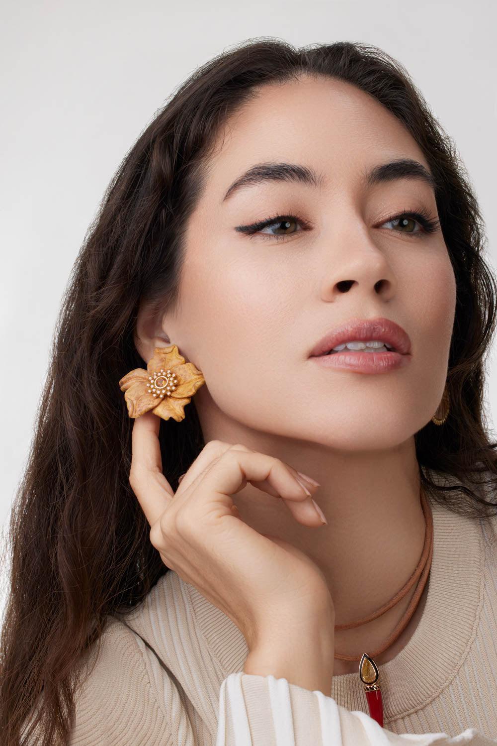 Diamond Citrine Carved Flower Earrings-YELLOW GOLD-JEWELRYFINE JEWELEARRING-SILVIA FURMANOVICH