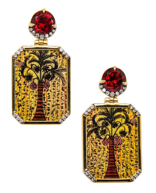 Diamond Garnet Egypt Miniature Painting Earrings-YELLOW GOLD-JEWELRYFINE JEWELEARRING-SILVIA FURMANOVICH