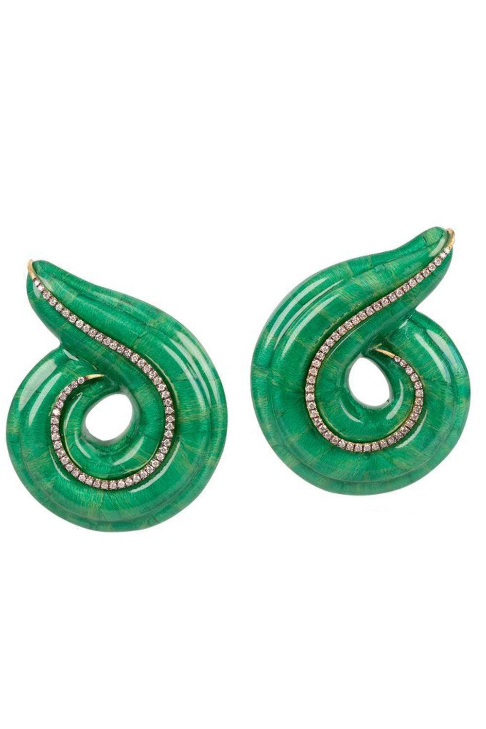 Diamond Green Lacquered Marquetry Spiral Earrings-YELLOW GOLD-JEWELRYFINE JEWELEARRING-SILVIA FURMANOVICH