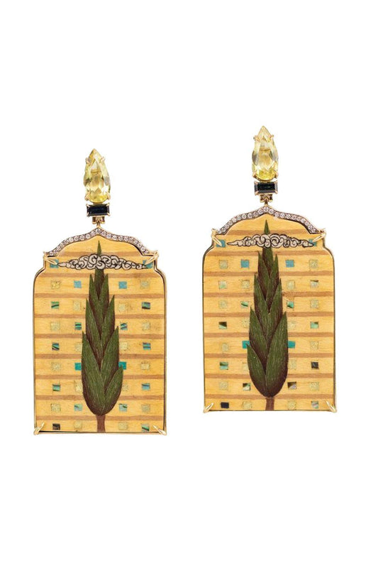 Diamond Sapphire Abalone Pine Tree Window Marquetry Earrings-YELLOW GOLD-JEWELRYFINE JEWELEARRING-SILVIA FURMANOVICH