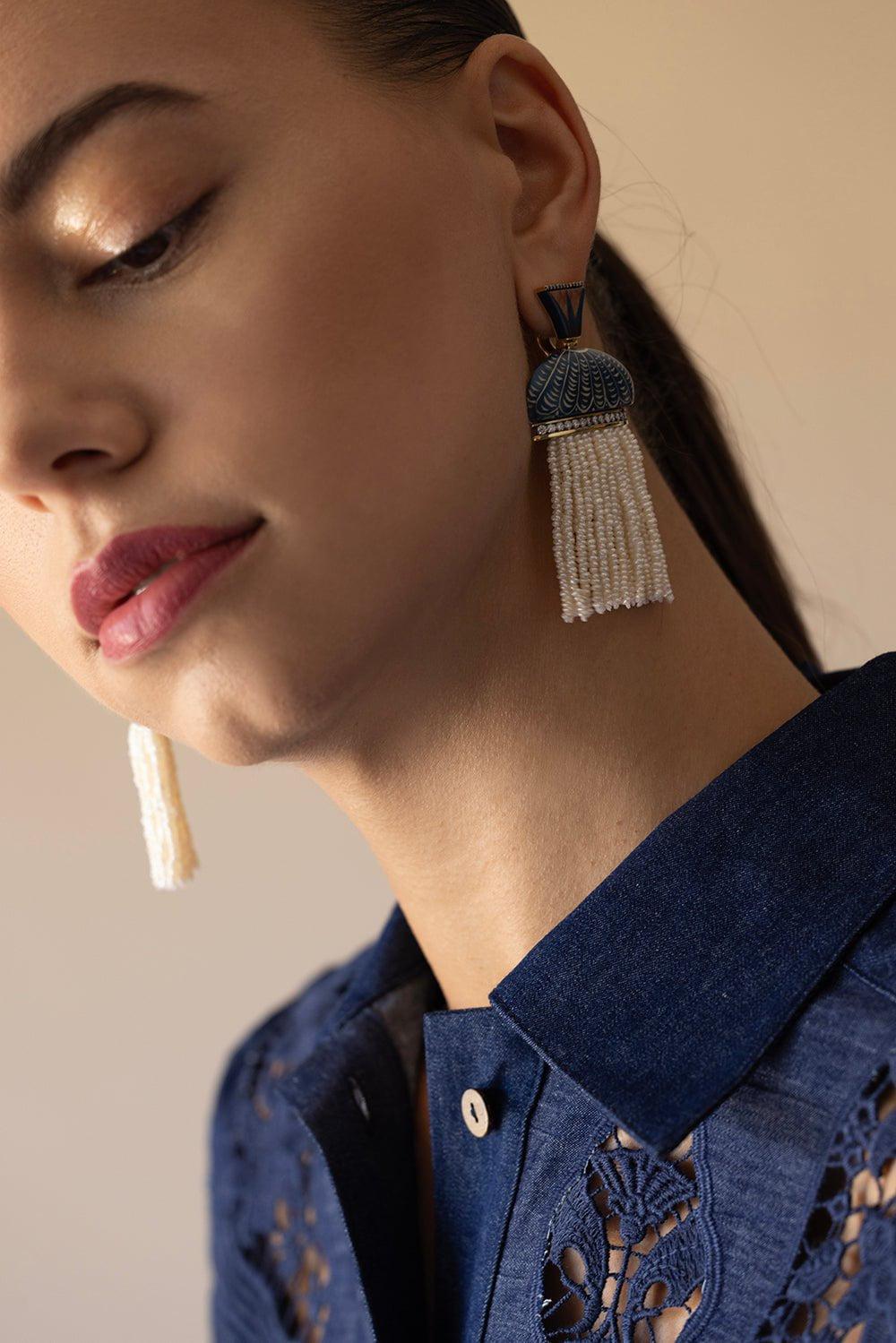 SILVIA FURMANOVICH-Egypt Marquetry Pearl Tassel Earrings-YELLOW GOLD
