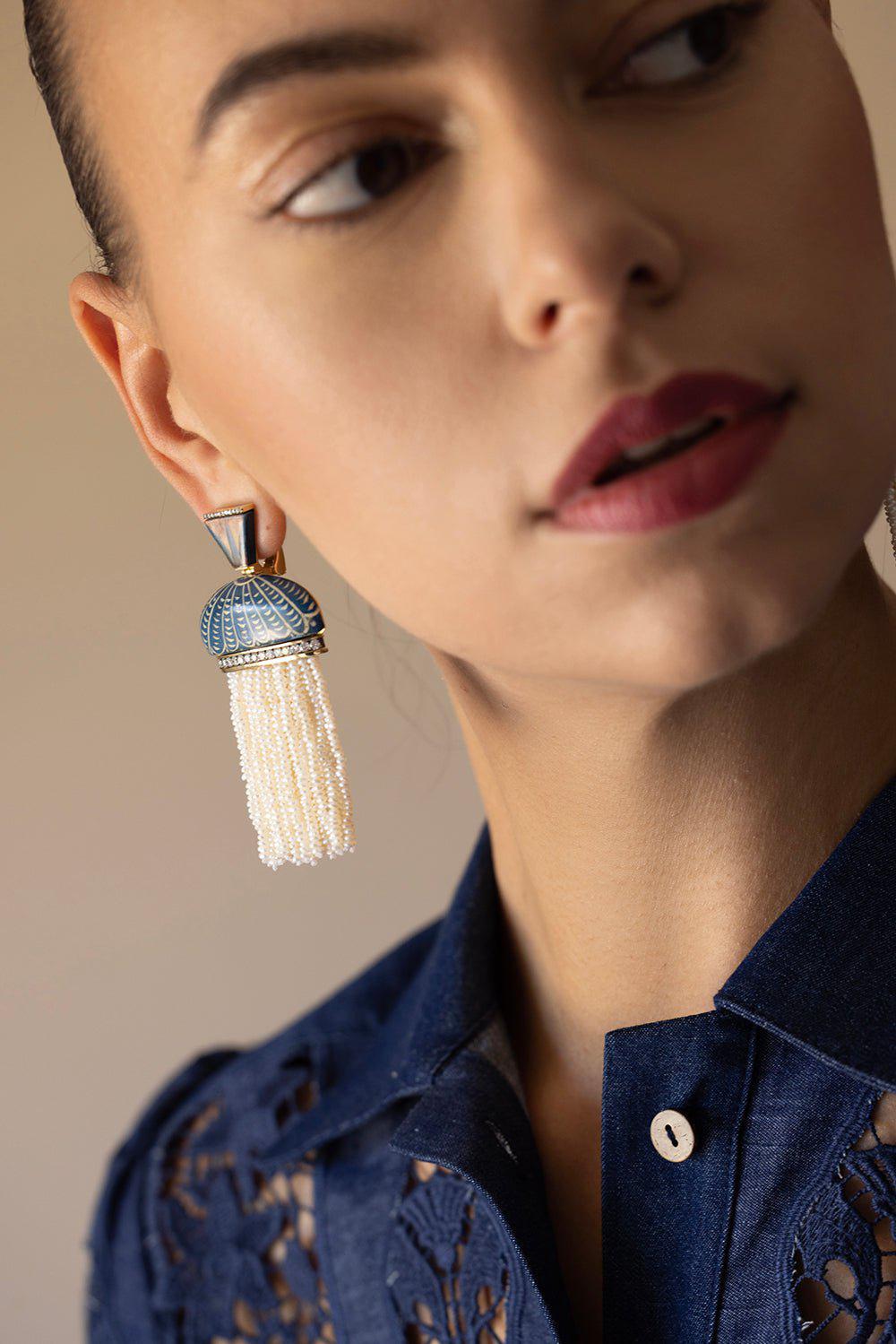 SILVIA FURMANOVICH-Egypt Marquetry Pearl Tassel Earrings-YELLOW GOLD