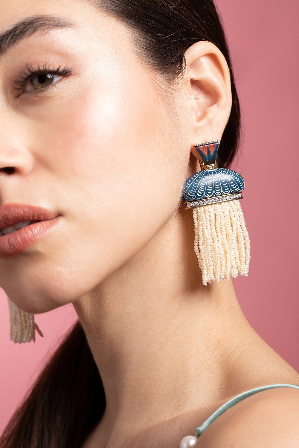 SILVIA FURMANOVICH-Egypt Marquetry Pearl Tassel Earrings-YELLOW GOLD