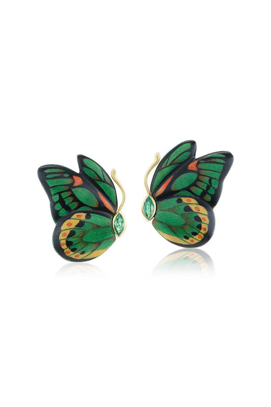 Emerald Double Wing Marquetry Butterfly Earrings-YELLOW GOLD-JEWELRYFINE JEWELEARRING-SILVIA FURMANOVICH
