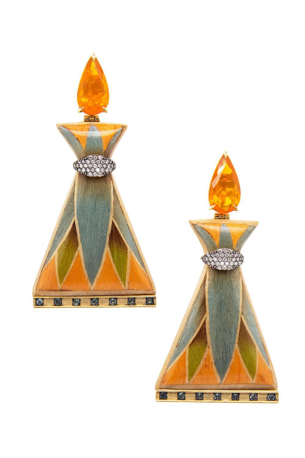 Fire Opal Egypt Marquetry Earrings-YELLOW GOLD-JEWELRYFINE JEWELEARRING-SILVIA FURMANOVICH
