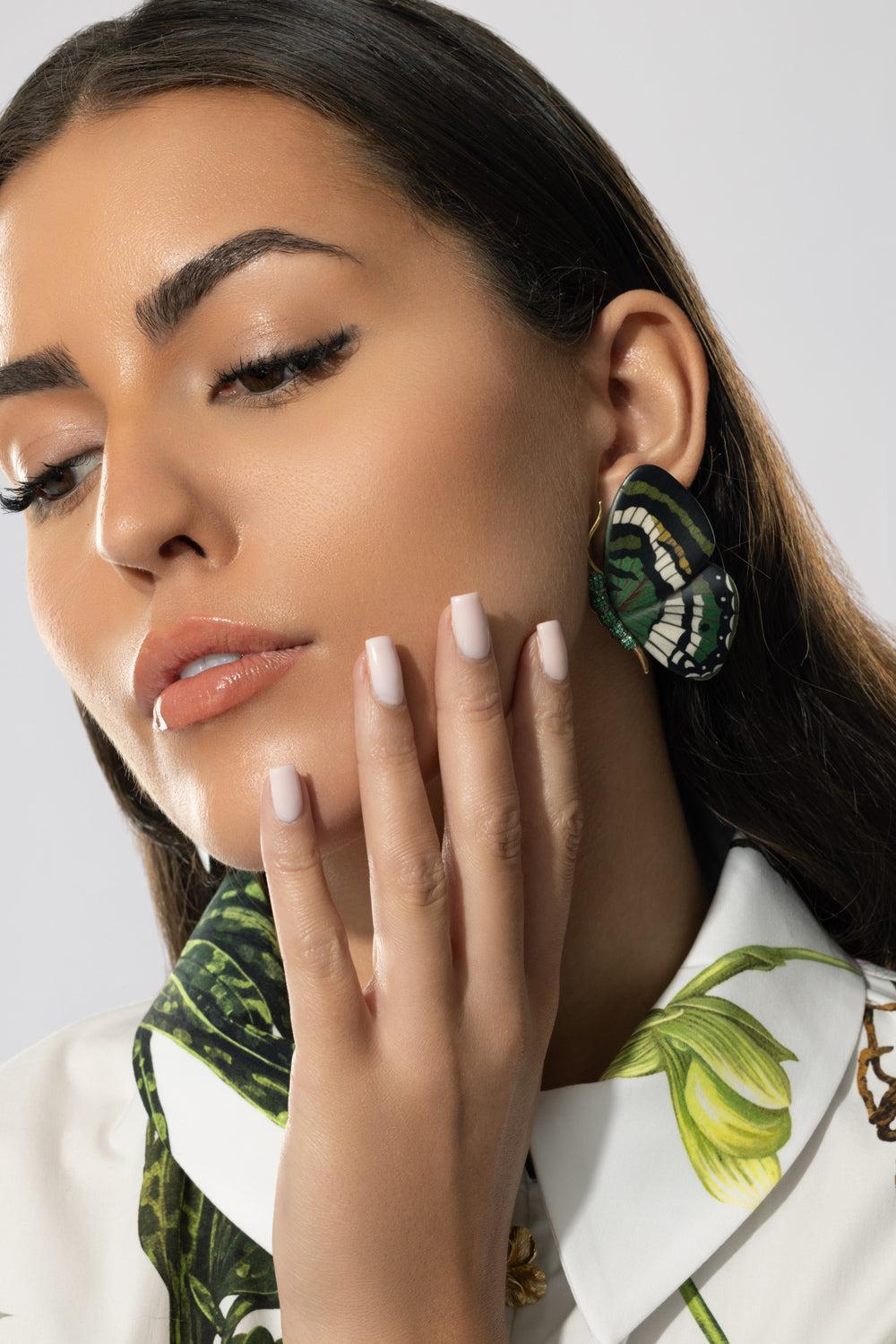 Green White Marquetry Butterfly Earrings-YELLOW GOLD-JEWELRYFINE JEWELEARRING-SILVIA FURMANOVICH