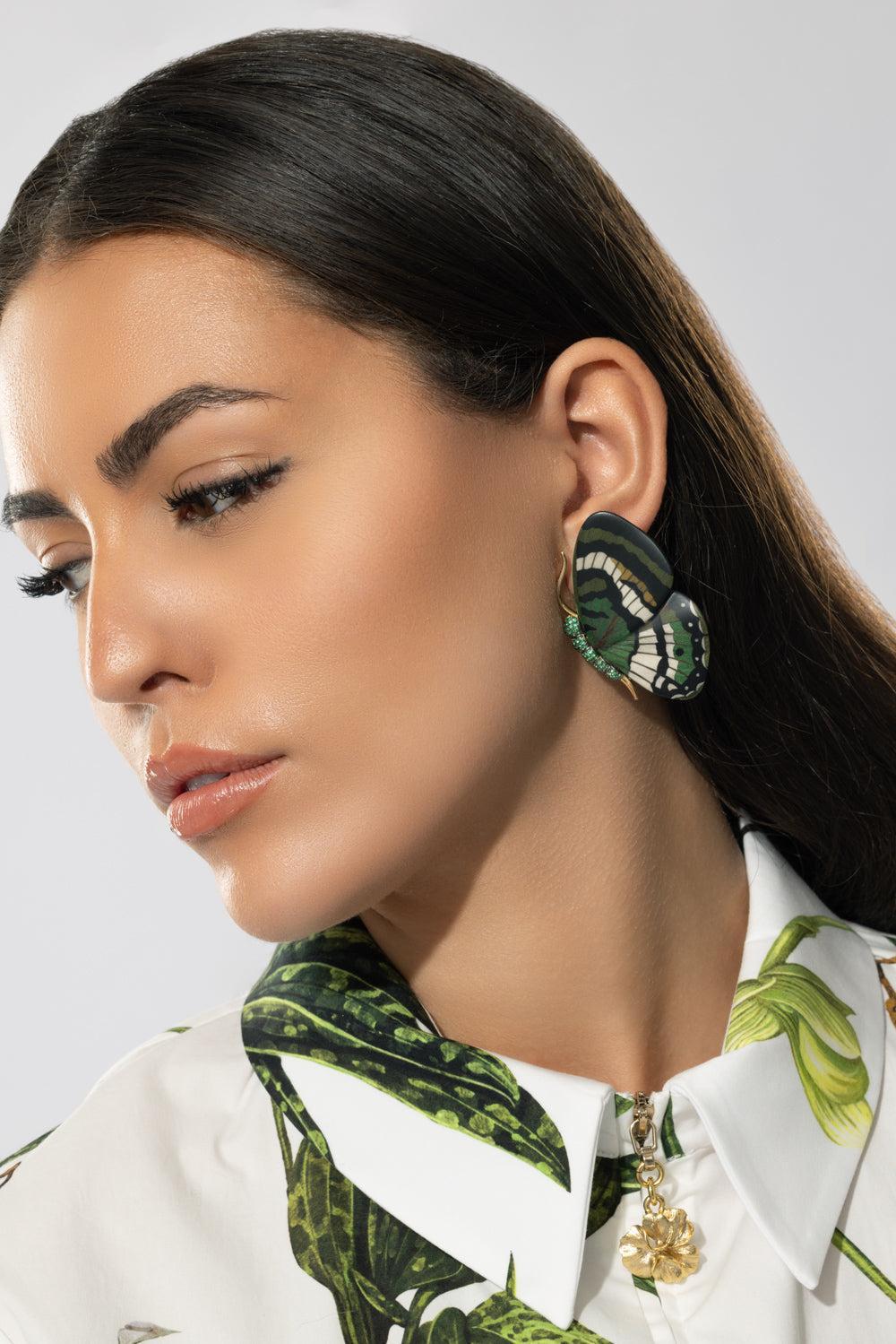 Green White Marquetry Butterfly Earrings-YELLOW GOLD-JEWELRYFINE JEWELEARRING-SILVIA FURMANOVICH