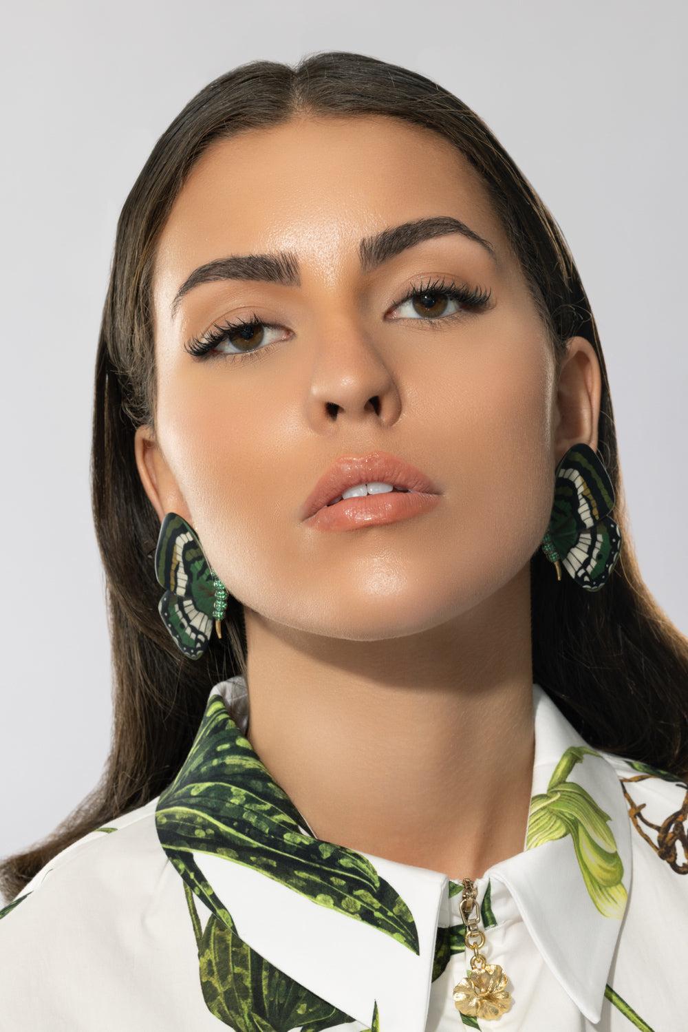 Green White Marquetry Butterfly Earrings-YELLOW GOLD-JEWELRYFINE JEWELEARRING-SILVIA FURMANOVICH