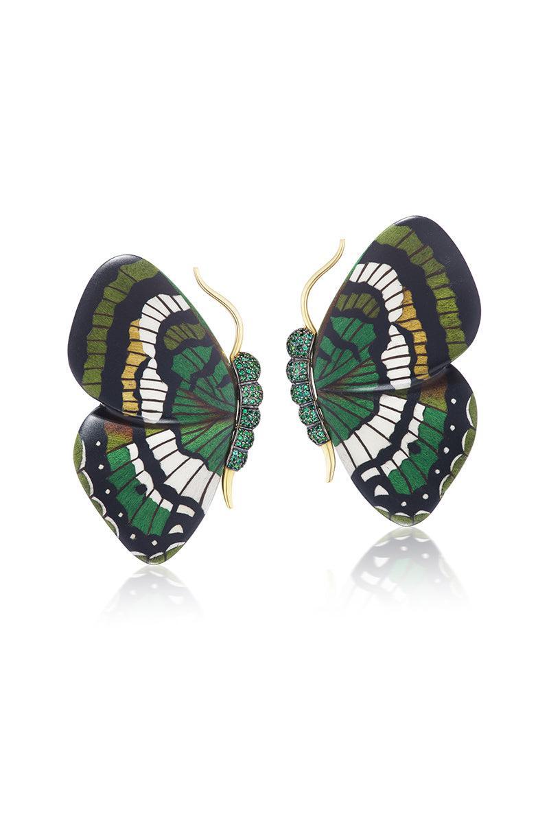 Green White Marquetry Butterfly Earrings-YELLOW GOLD-JEWELRYFINE JEWELEARRING-SILVIA FURMANOVICH